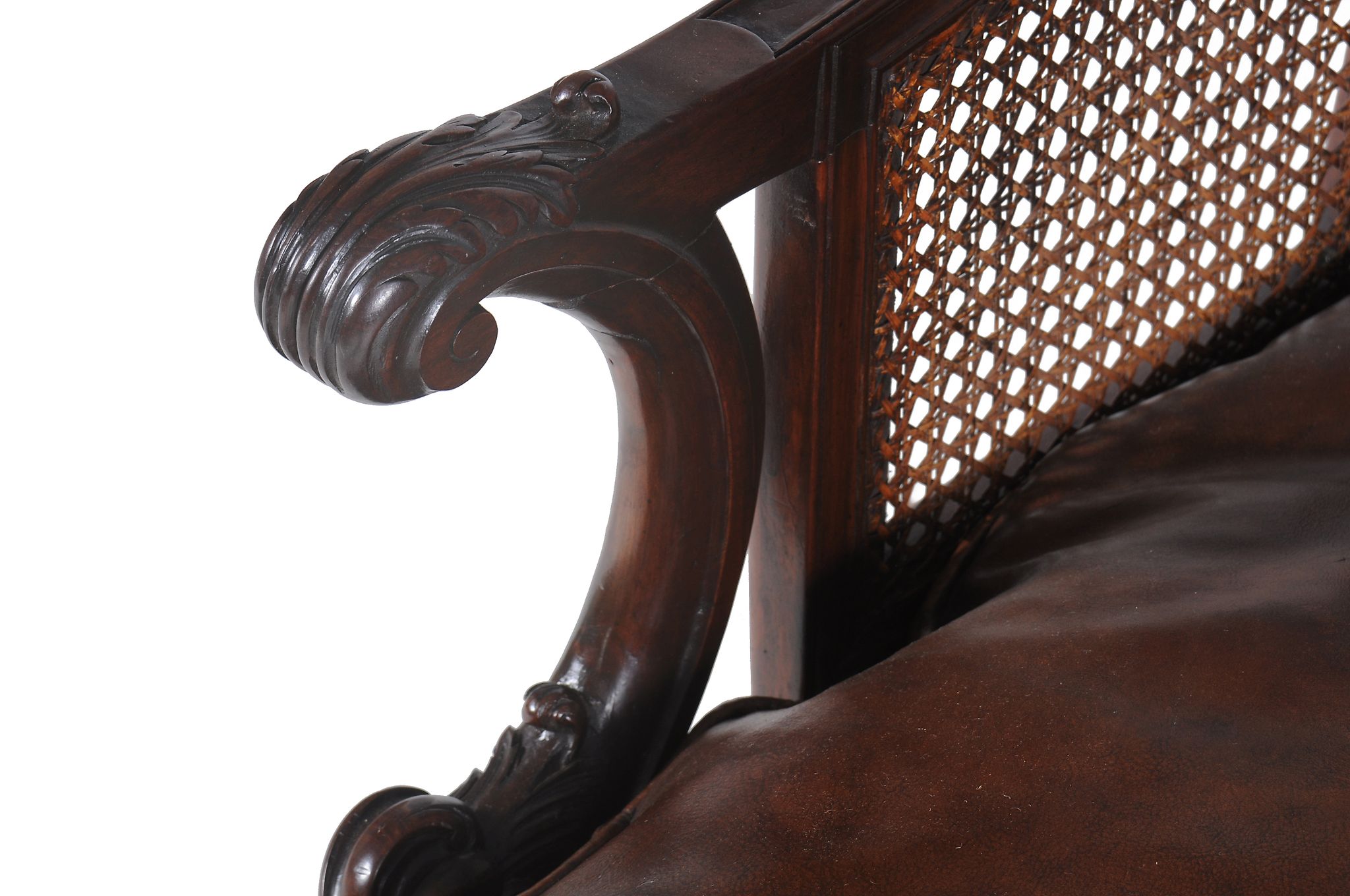 A pair of mahogany bergere library chairs in George II style, late 19th century   A pair of mahogany - Image 6 of 6