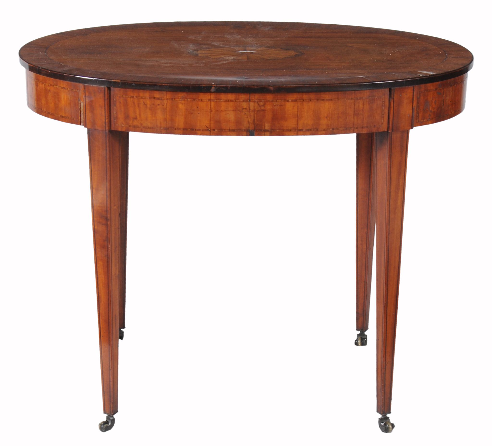 A George III satinwood, marquetry and goncalo alves banded oval centre table   A George III