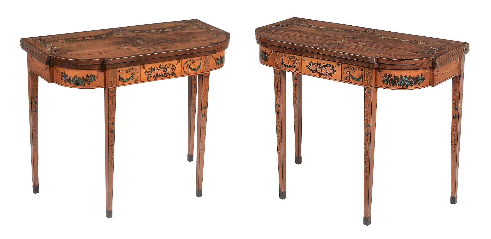 A pair of George III satinwood and painted folding card tables, circa 1790   A pair of George III - Image 5 of 10