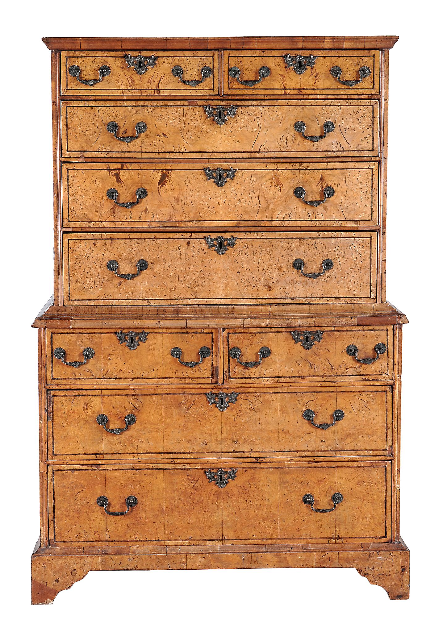 A George II burr elm chest on chest, circa 1735   A George II burr elm chest on chest,   circa 1735,