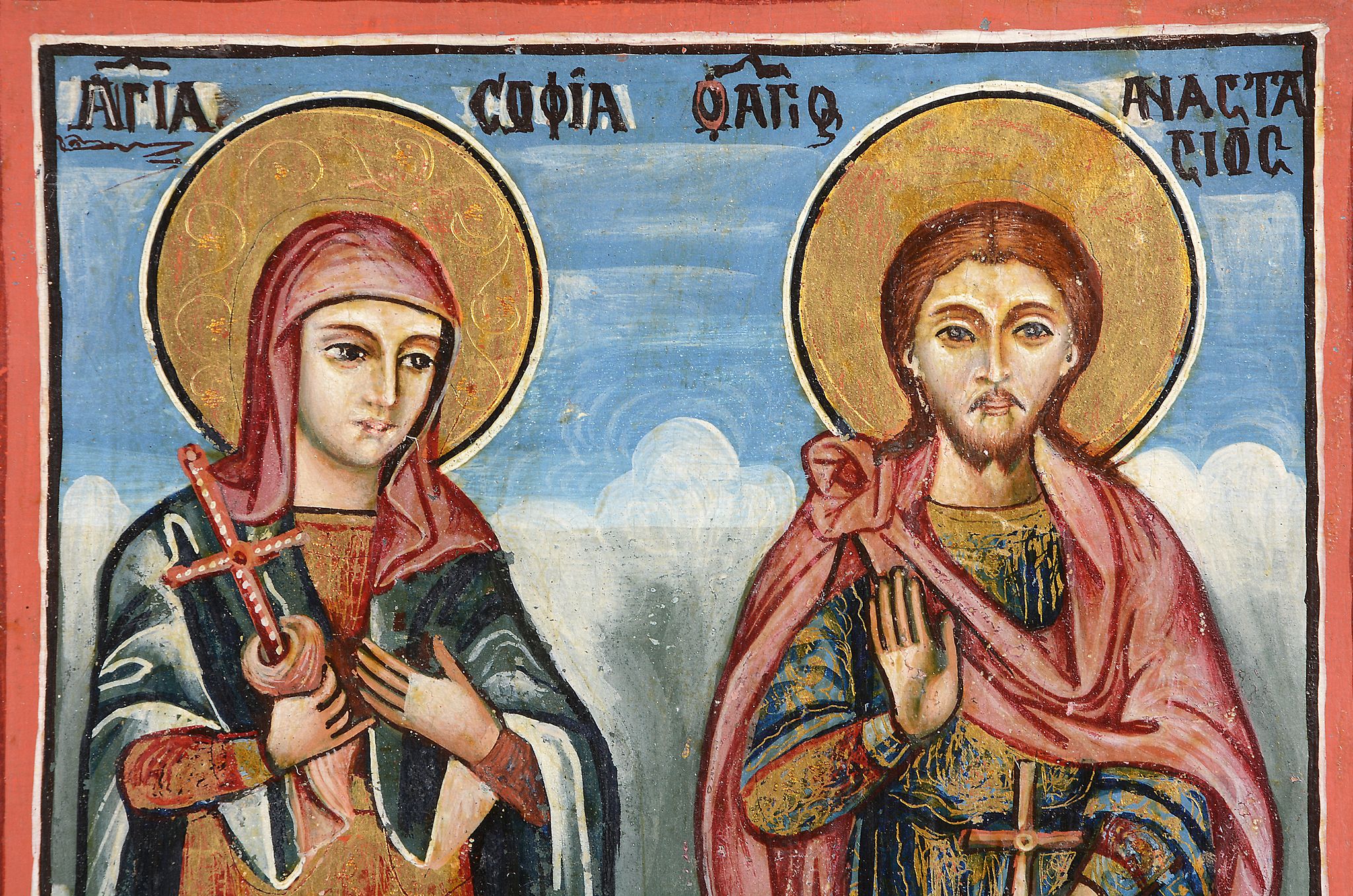 A Greek polychrome painted and parcel gilt icon, Saints Sophia and Anastasius   A Greek polychrome - Image 2 of 3