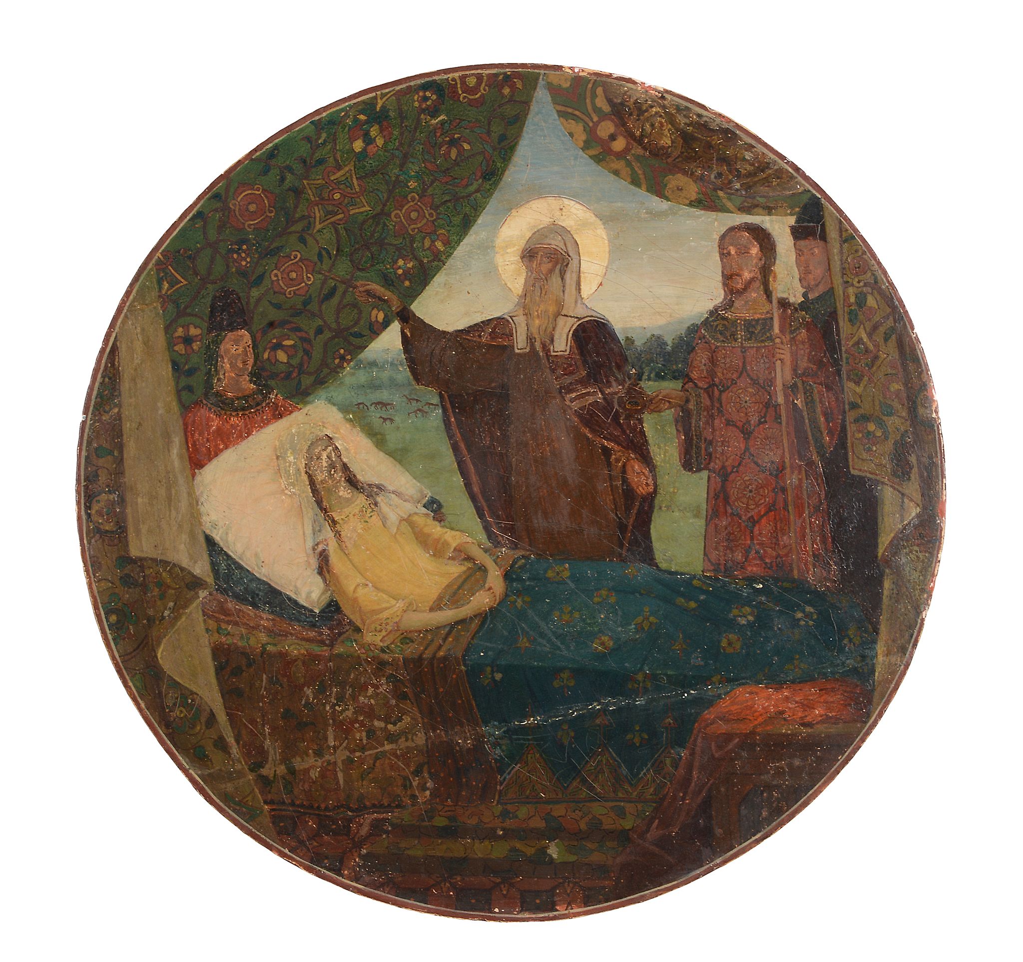 A Russian polychrome painted tondo icon, Metropolitan Alexei of Moscow...   A Russian polychrome