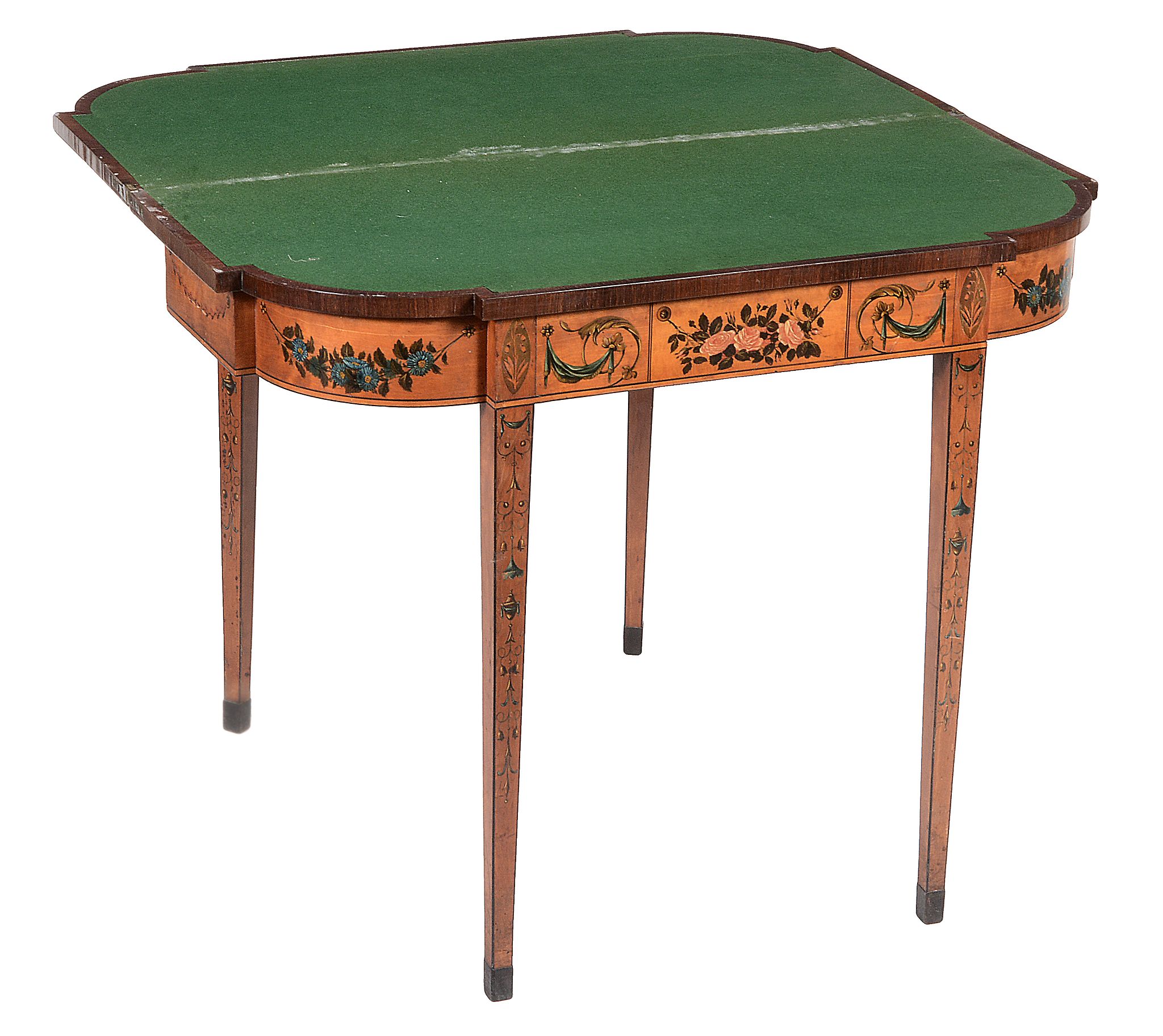 A pair of George III satinwood and painted folding card tables, circa 1790   A pair of George III - Image 9 of 10