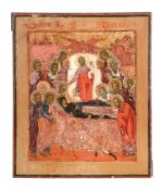 A Russian polychrome painted icon, the Dormition of the Virgin, 18th century   A Russian