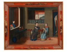 A pair of Chinese Export paintings of Interior scenes, late 18th century   A pair of Chinese