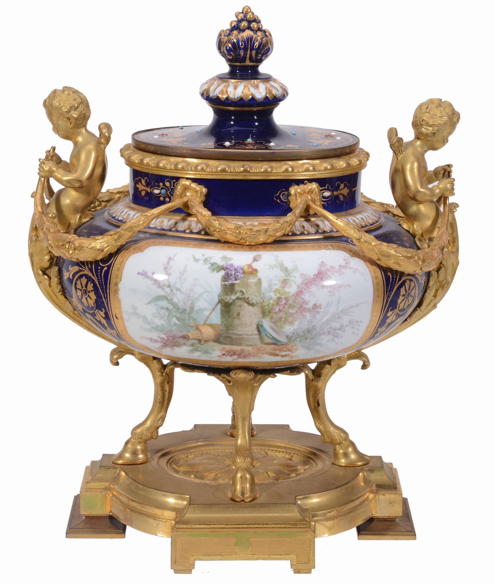 A Sèvres-style gilt-metal mounted urn and cover, late 19th century   A Sèvres-style gilt-metal - Image 4 of 5