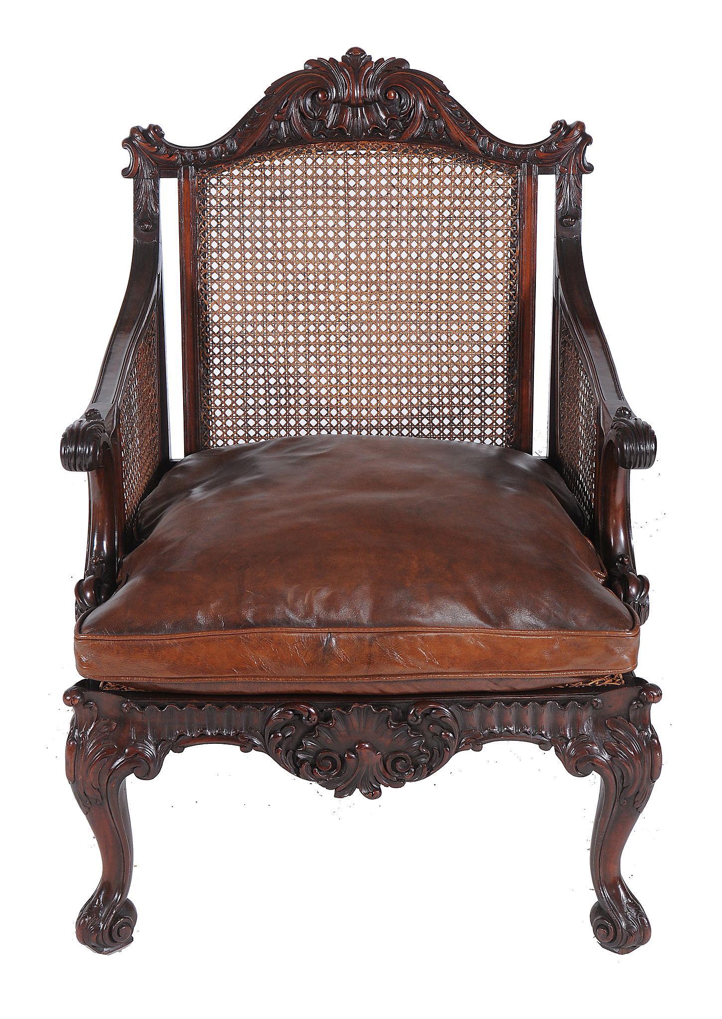 A pair of mahogany bergere library chairs in George II style, late 19th century   A pair of mahogany - Image 2 of 6