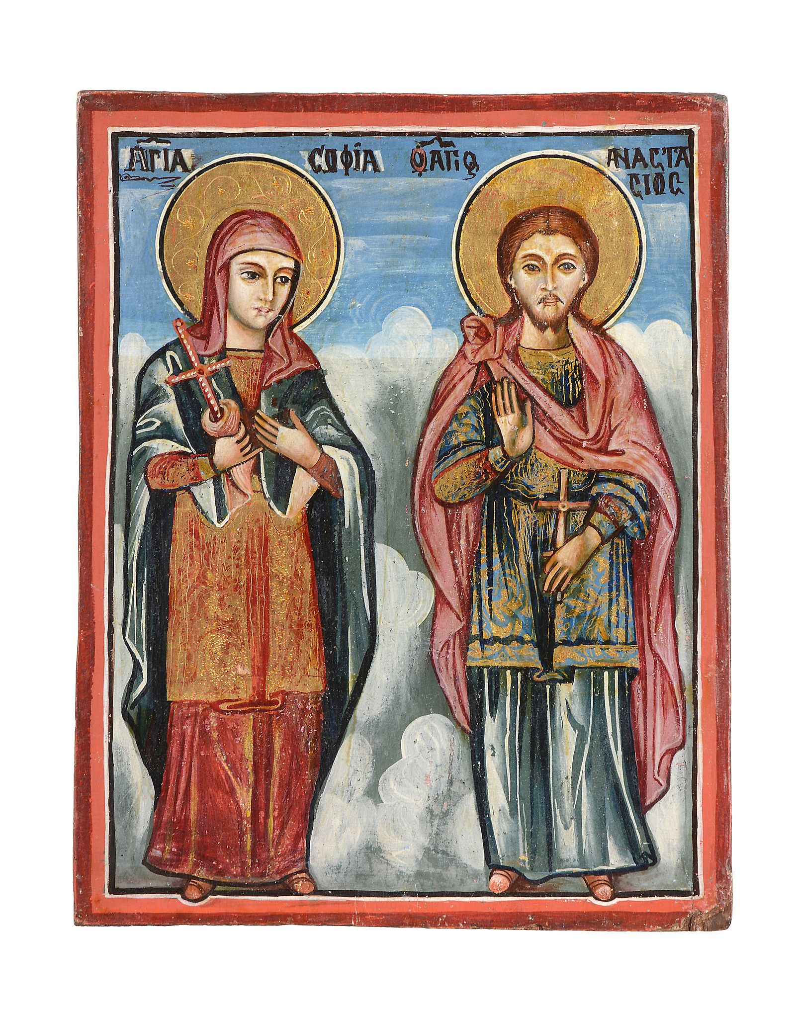 A Greek polychrome painted and parcel gilt icon, Saints Sophia and Anastasius   A Greek polychrome