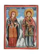 A Greek polychrome painted and parcel gilt icon, Saints Sophia and Anastasius   A Greek polychrome