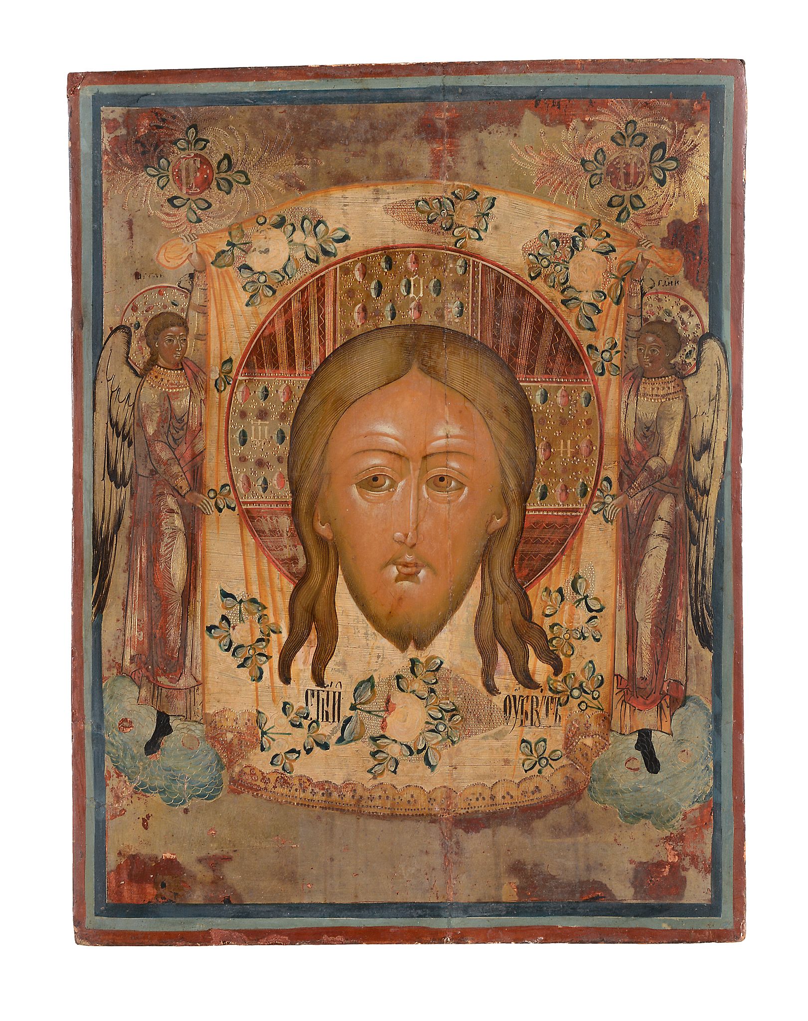 A central Russian polychrome painted and parcel gilt icon, possibly Mstera   A central Russian