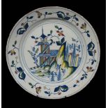 An English delft chinoiserie polychrome charger, probably Bristol or Wincanton   An English delft