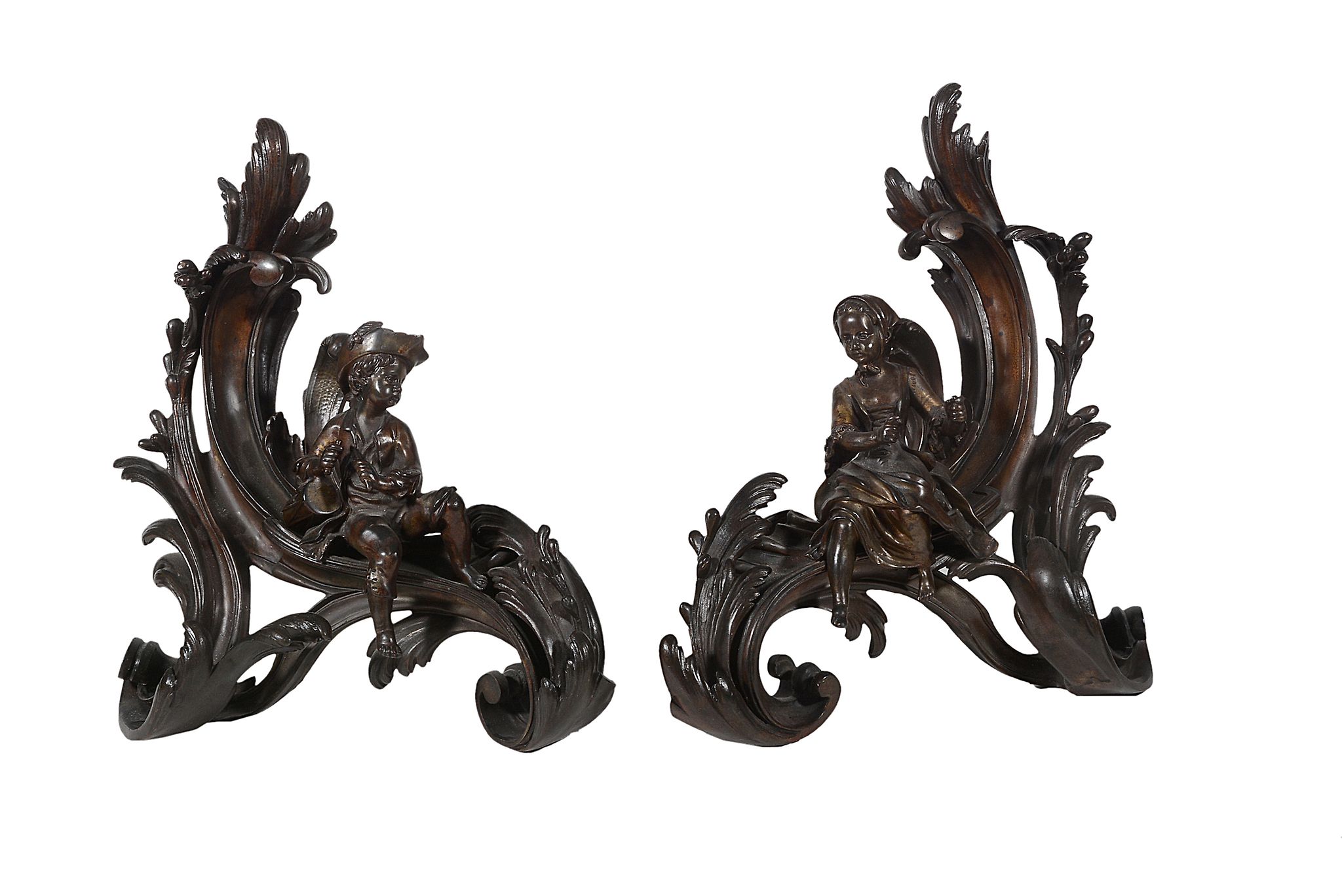 A pair of bronze chenets in Louis XV Rococo style, third quarter 19th century   A pair of bronze