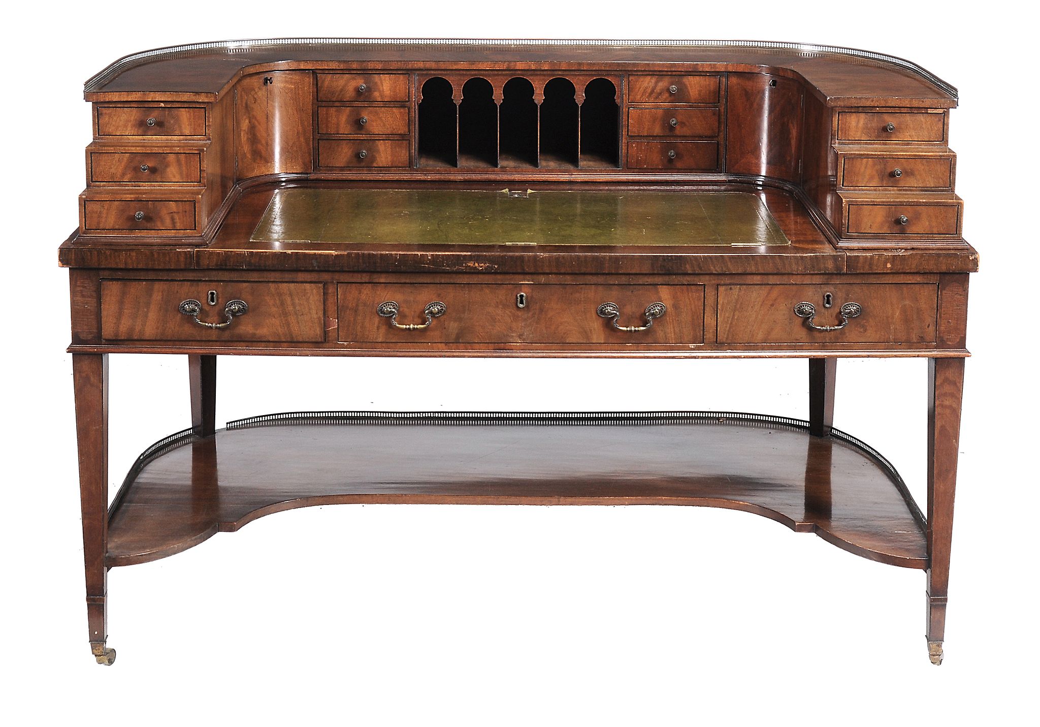 A mahogany and satinwood crossbanded Carlton House desk, in George III style   A mahogany and