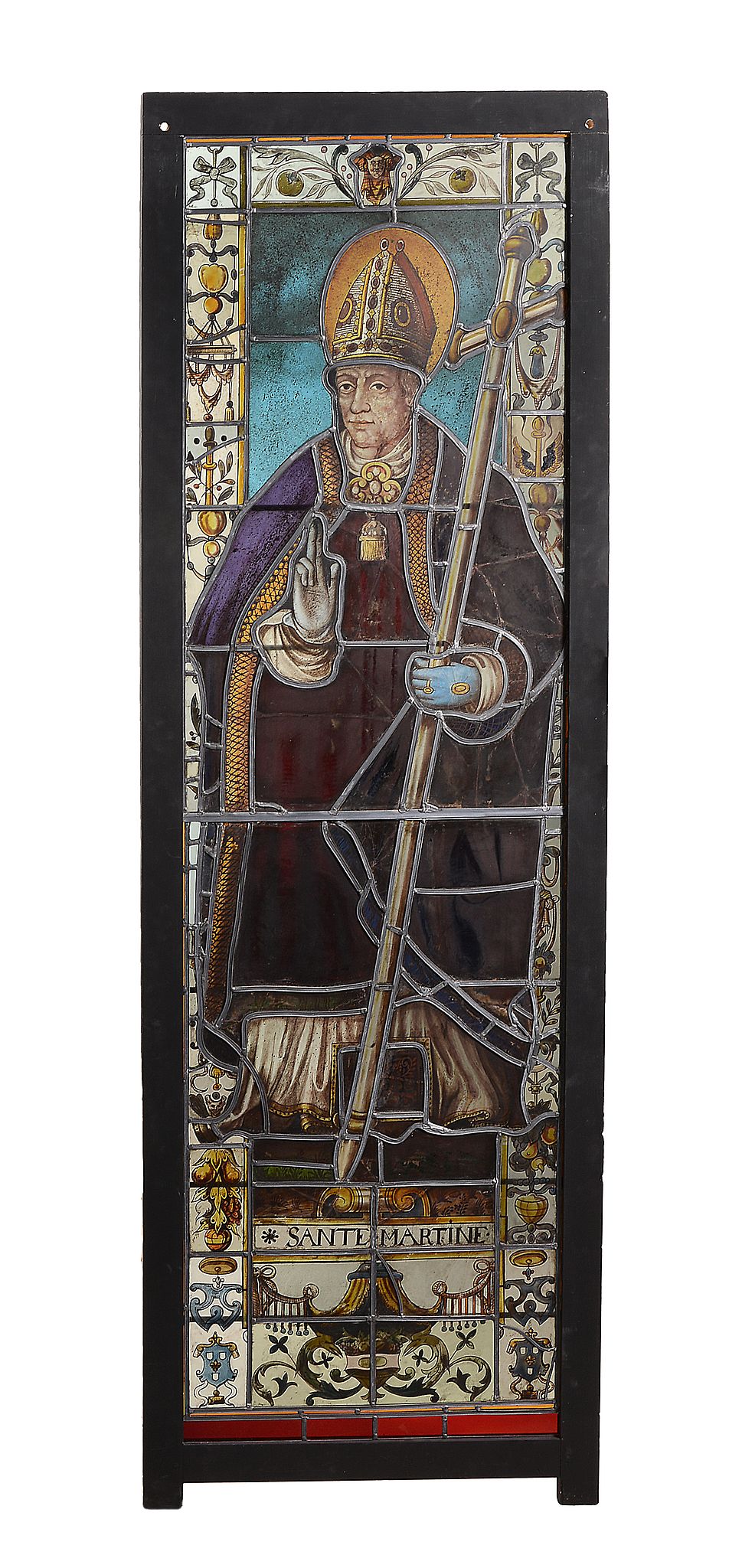 A northern French stained and leaded glass window panel depicting Saint Martin   A northern French
