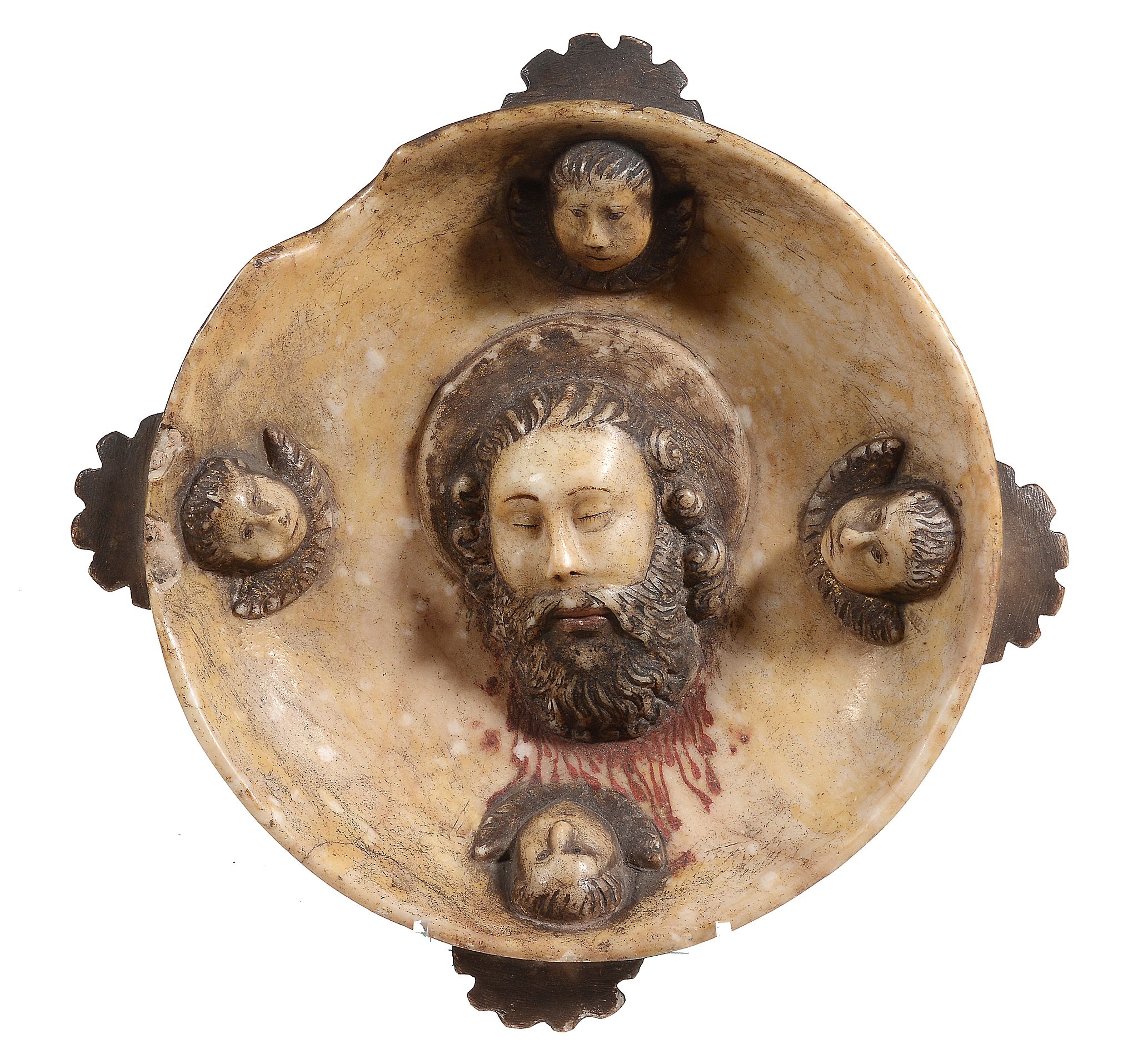 A sculpted alabaster bowl modelled with the head of Saint John the Baptist   A sculpted alabaster