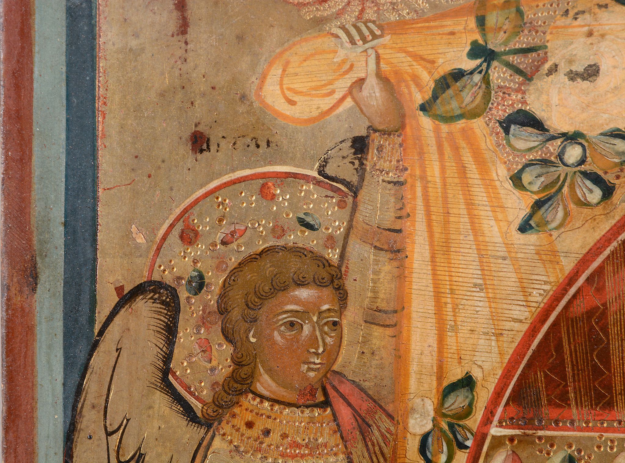 A central Russian polychrome painted and parcel gilt icon, possibly Mstera   A central Russian - Image 4 of 5