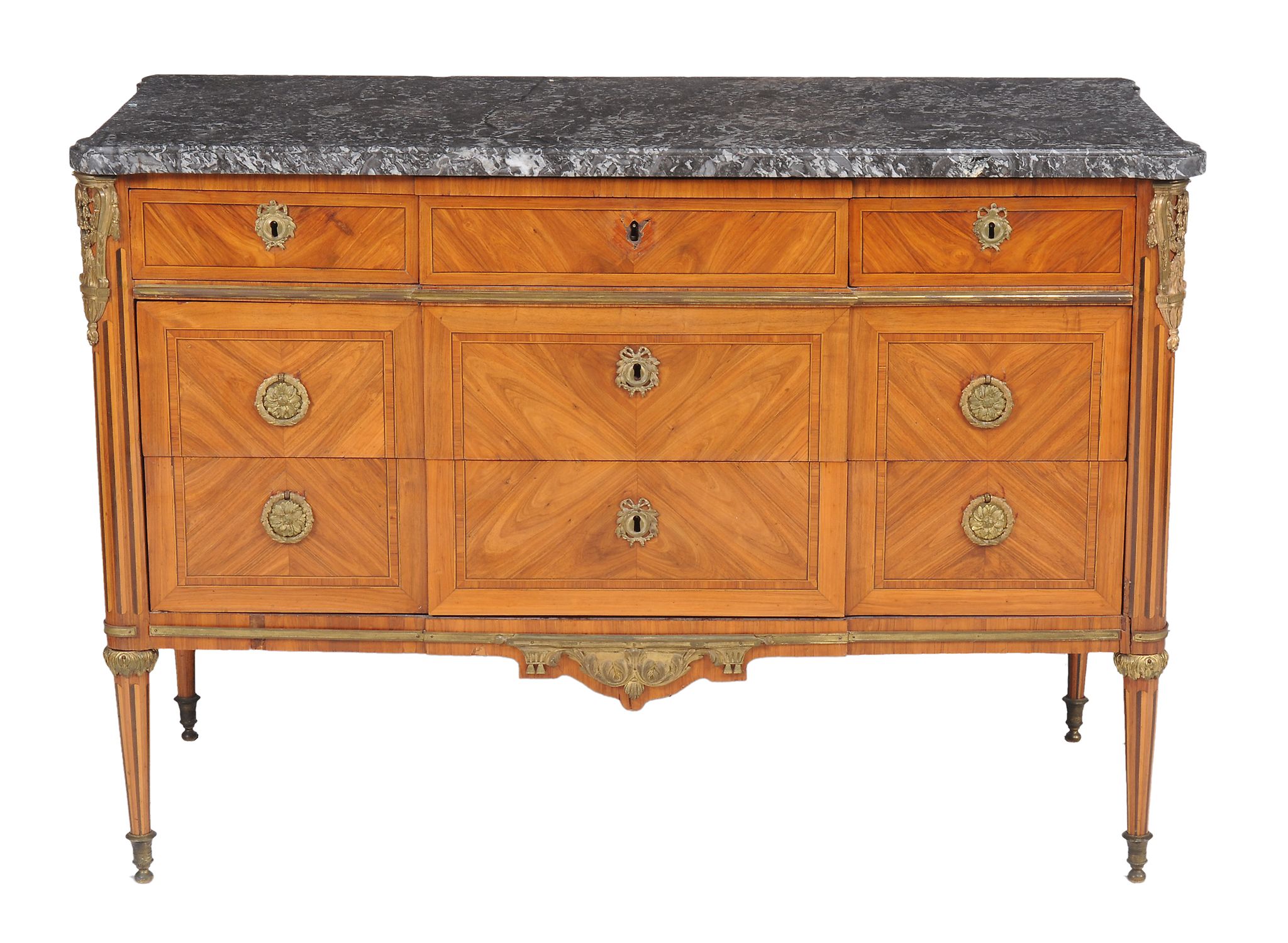 A Louis XVI kingwood, tulipwood and gilt bronze mounted commode   A Louis XVI kingwood, tulipwood