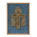 A Russian relief cast brass cross, Christ Crucified, late 18th century   A Russian relief cast brass