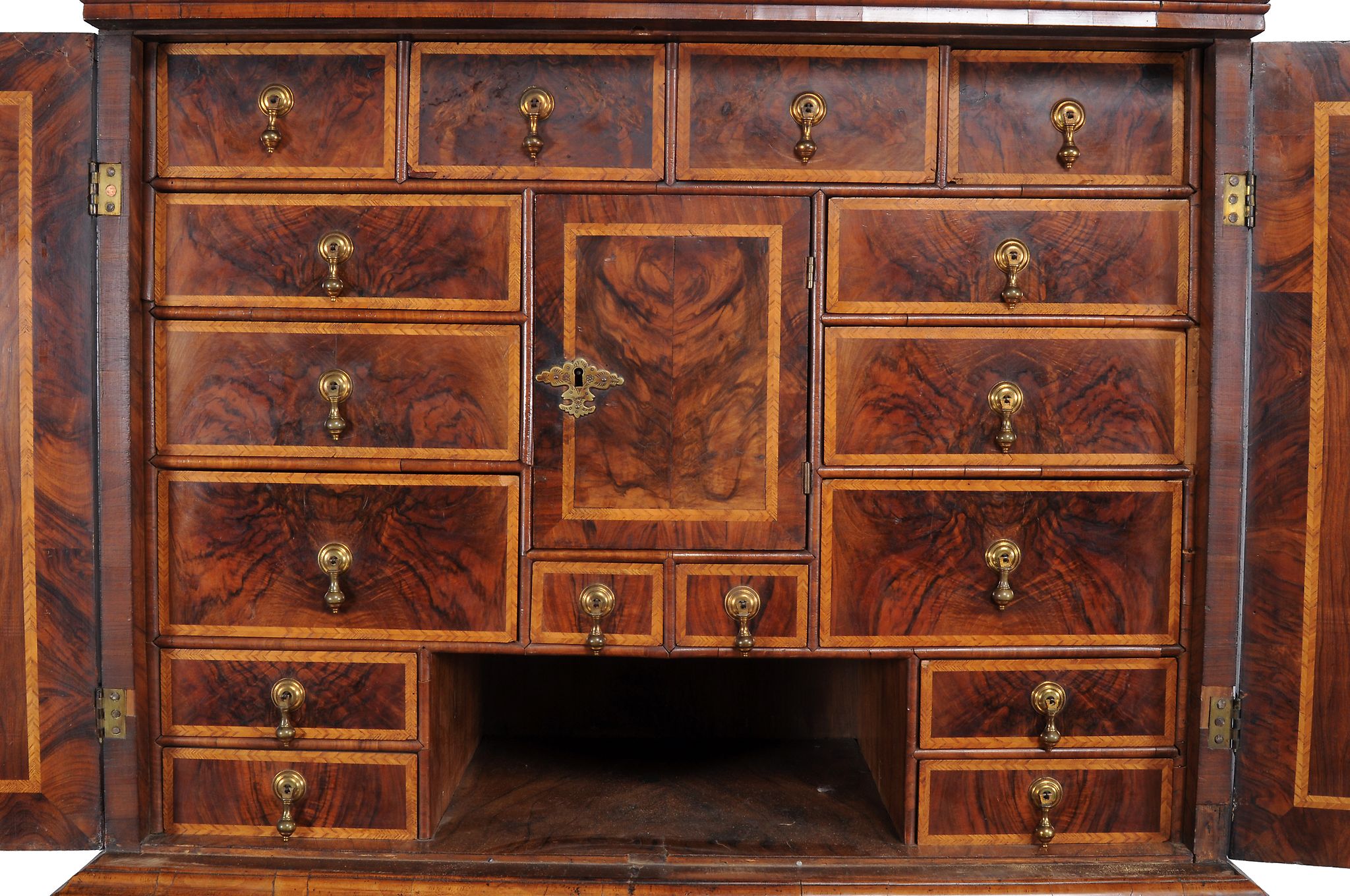A Queen Anne walnut featherbanded cabinet on chest , circa 1710   A Queen Anne walnut - Image 3 of 6