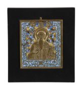 A Russian relief cast and enamelled brass icon, Saint Antipii   A Russian relief cast and