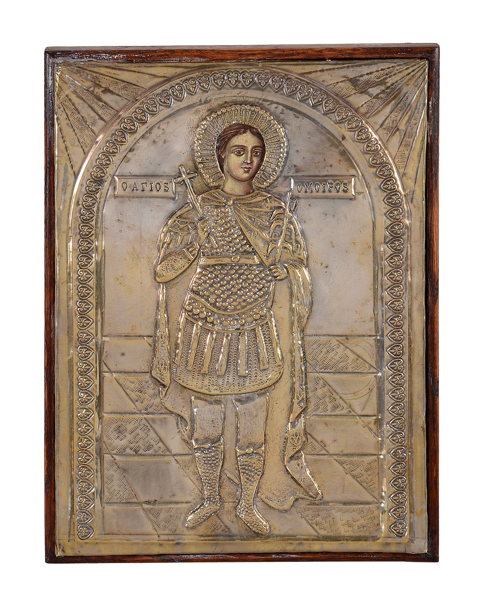 A Greek silver plated metal and part painted icon, Saint Omiros, 19th century   A Greek silver
