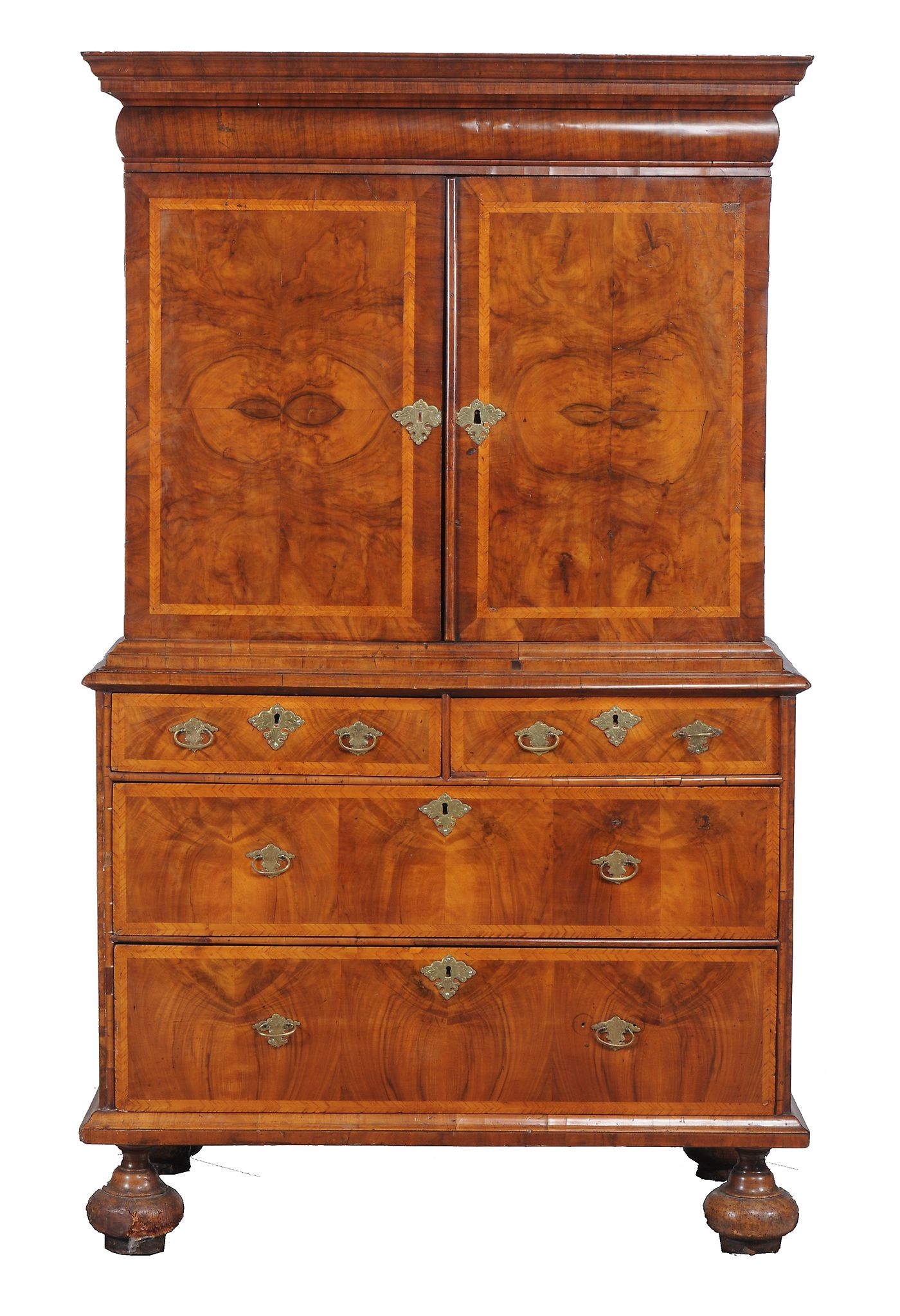 A Queen Anne walnut featherbanded cabinet on chest , circa 1710   A Queen Anne walnut