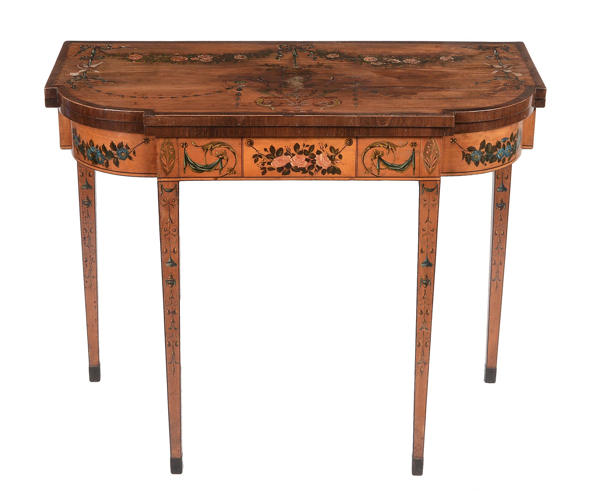 A pair of George III satinwood and painted folding card tables, circa 1790   A pair of George III - Image 7 of 10