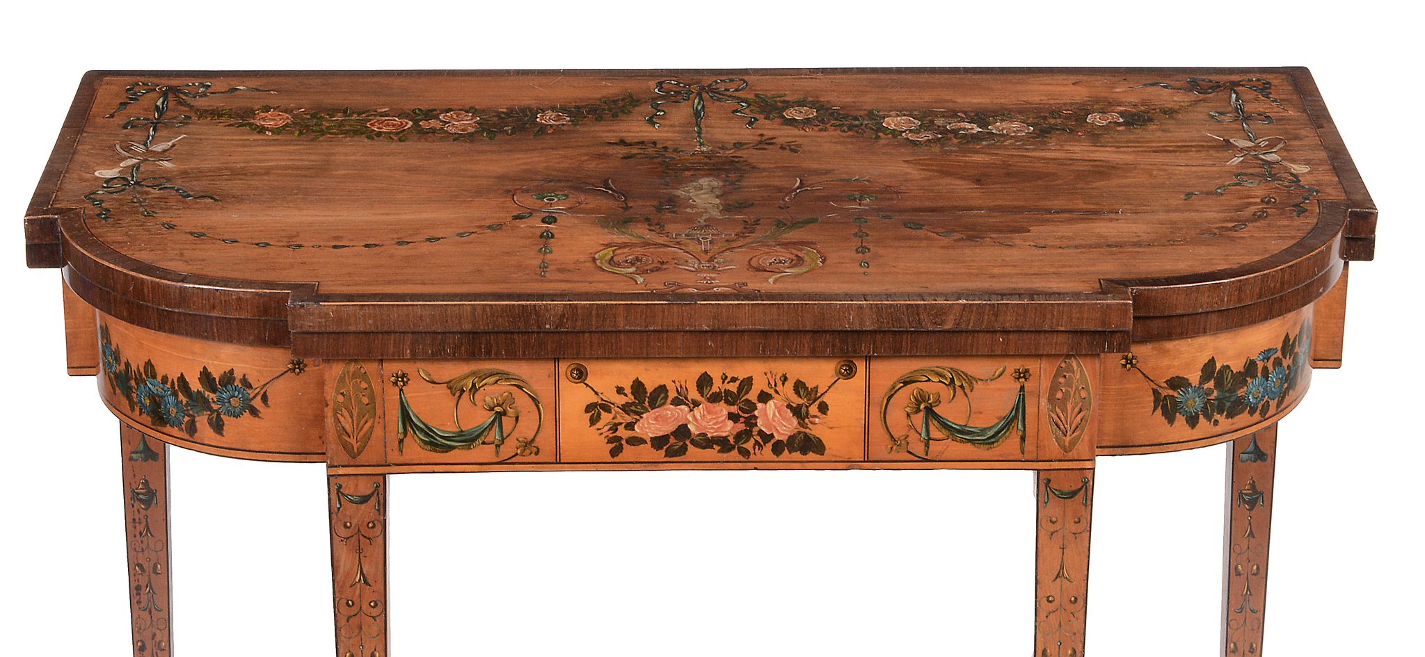 A pair of George III satinwood and painted folding card tables, circa 1790   A pair of George III - Image 8 of 10