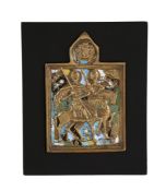A Russian relief cast and enamelled brass icon A Russian relief cast and enamelled brass icon,