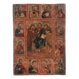 A north Russian polychrome painted icon, the Deisis and the Twelve Apostles   A north Russian