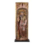 An Italian carved, painted and parcel giltwood figural relief panel   An Italian carved, painted and