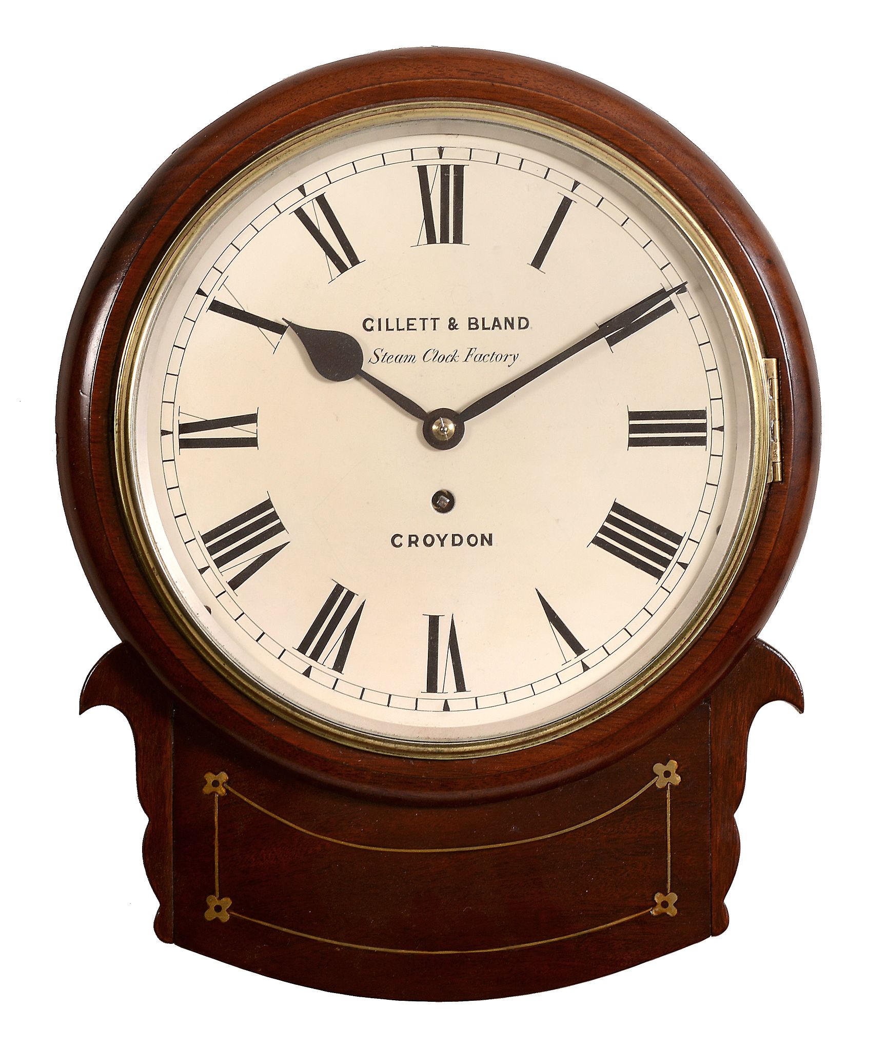 A Victorian brass inlaid mahogany drop-dial wall timepiece with ten inch...   A Victorian brass