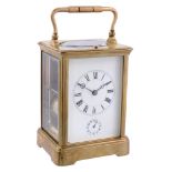 A French lacquered brass carriage clock with push-button repeat and alarm...   A French lacquered