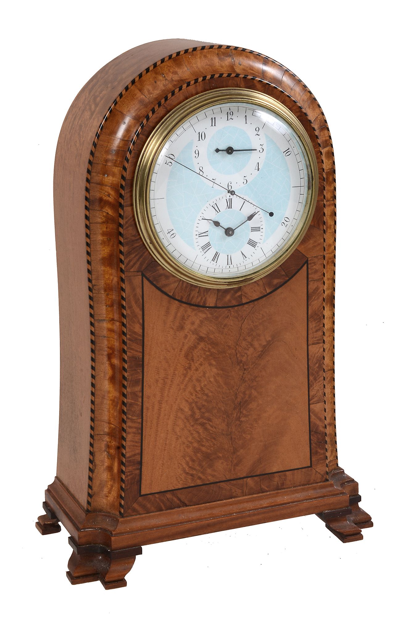 An unusual French satinwood small mantel timepiece with alarm and 'regulator   An unusual French