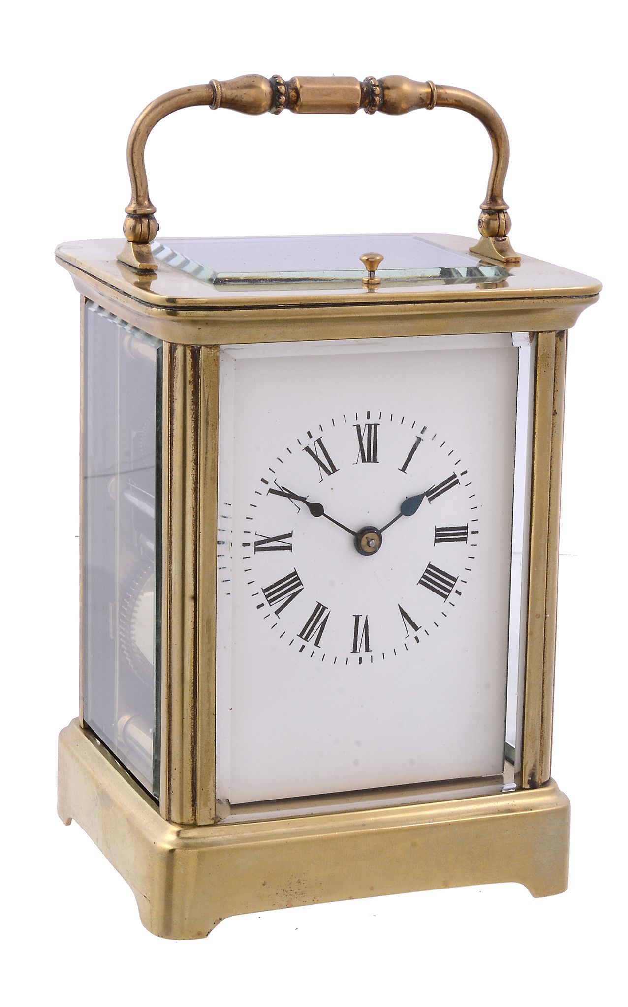 A French lacquered brass carriage clock with push-button repeat Unsigned   A French lacquered