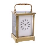 A French lacquered brass carriage clock with push-button repeat Unsigned   A French lacquered