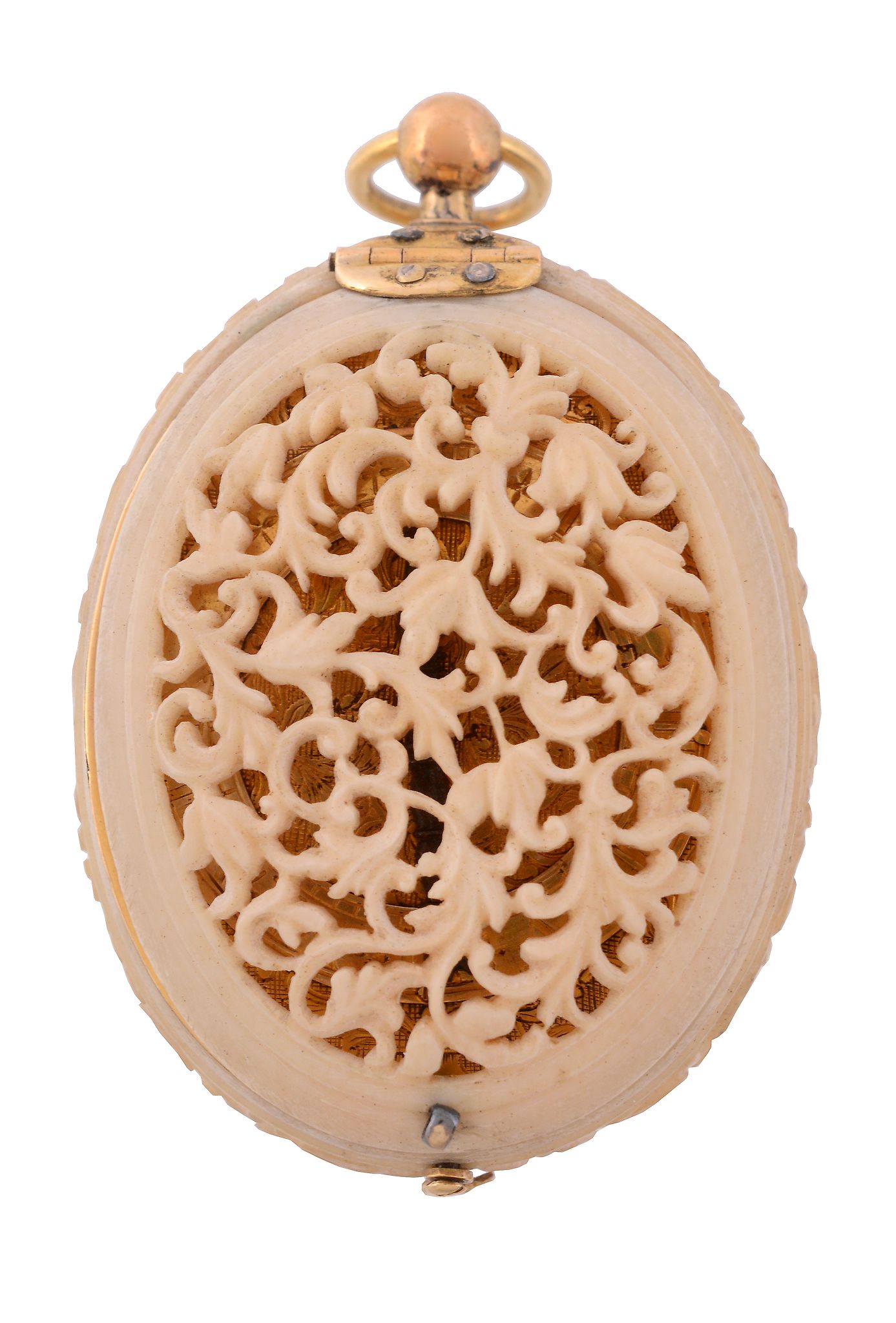 A fine Renaissance style gilt brass and pierced ivory pendant watch Unsigned   A fine Renaissance