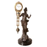 A German bronzed spelter figural novelty swinging mystery timepiece 'Diana   A German bronzed
