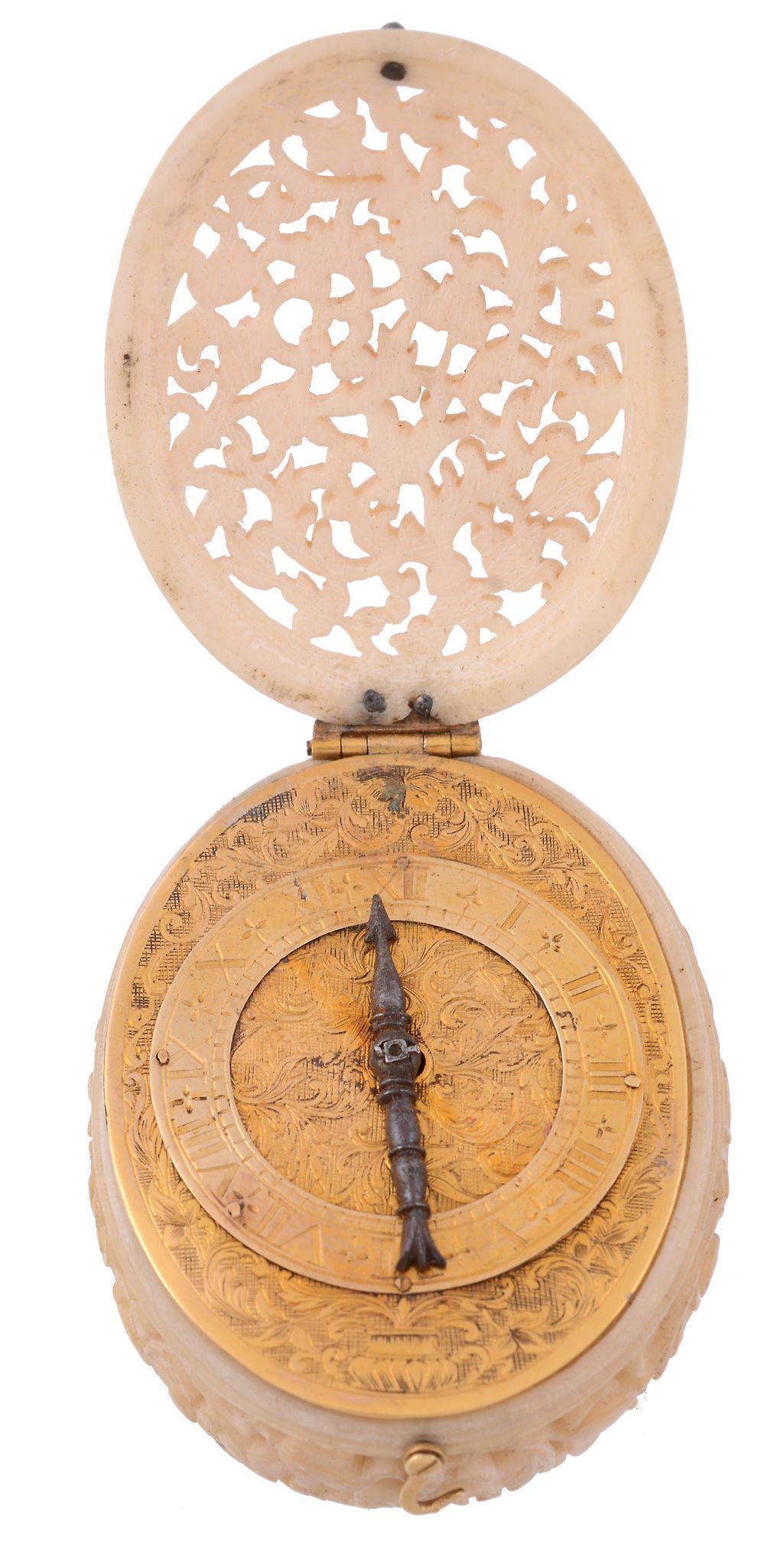 A fine Renaissance style gilt brass and pierced ivory pendant watch Unsigned   A fine Renaissance - Image 2 of 6