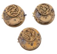 Three similar Continental gilt brass verge pocket watch movements Bearing...   Three similar