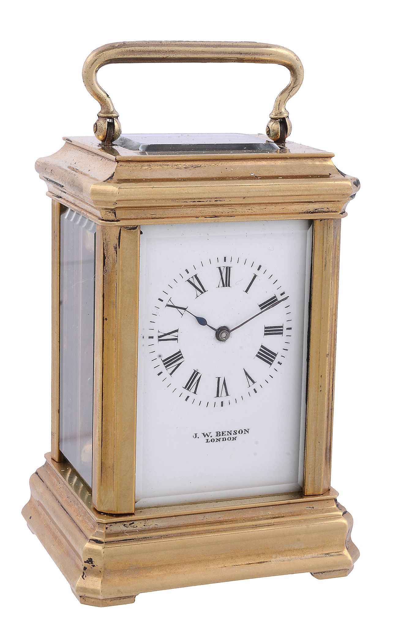 A French lacquered brass miniature carriage timepiece Retailed by J. W   A French lacquered brass