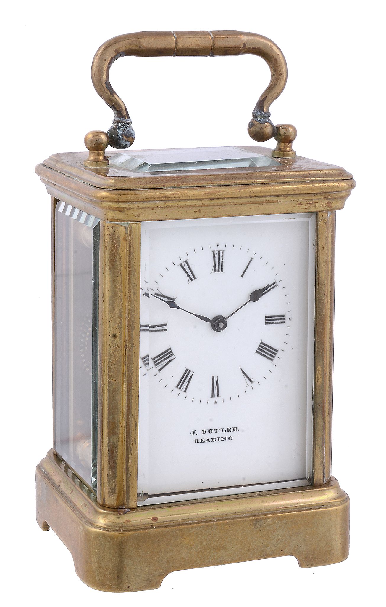 A French lacquered brass miniature carriage timepiece Retailed by J   A French lacquered brass