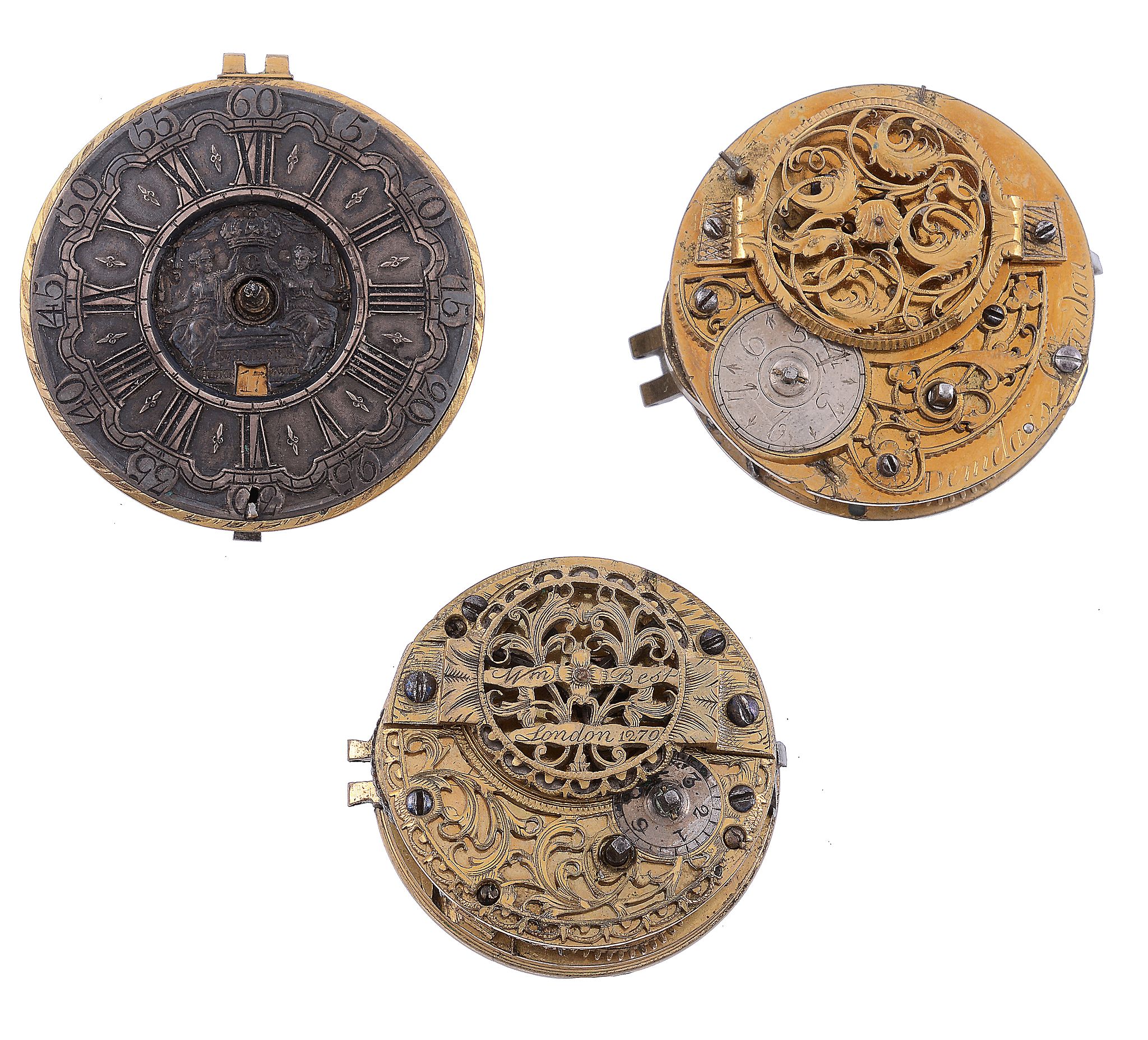 Three gilt brass verge pocket watch movements Various makers   Three gilt brass verge pocket watch