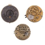 Three gilt brass verge pocket watch movements Various makers   Three gilt brass verge pocket watch