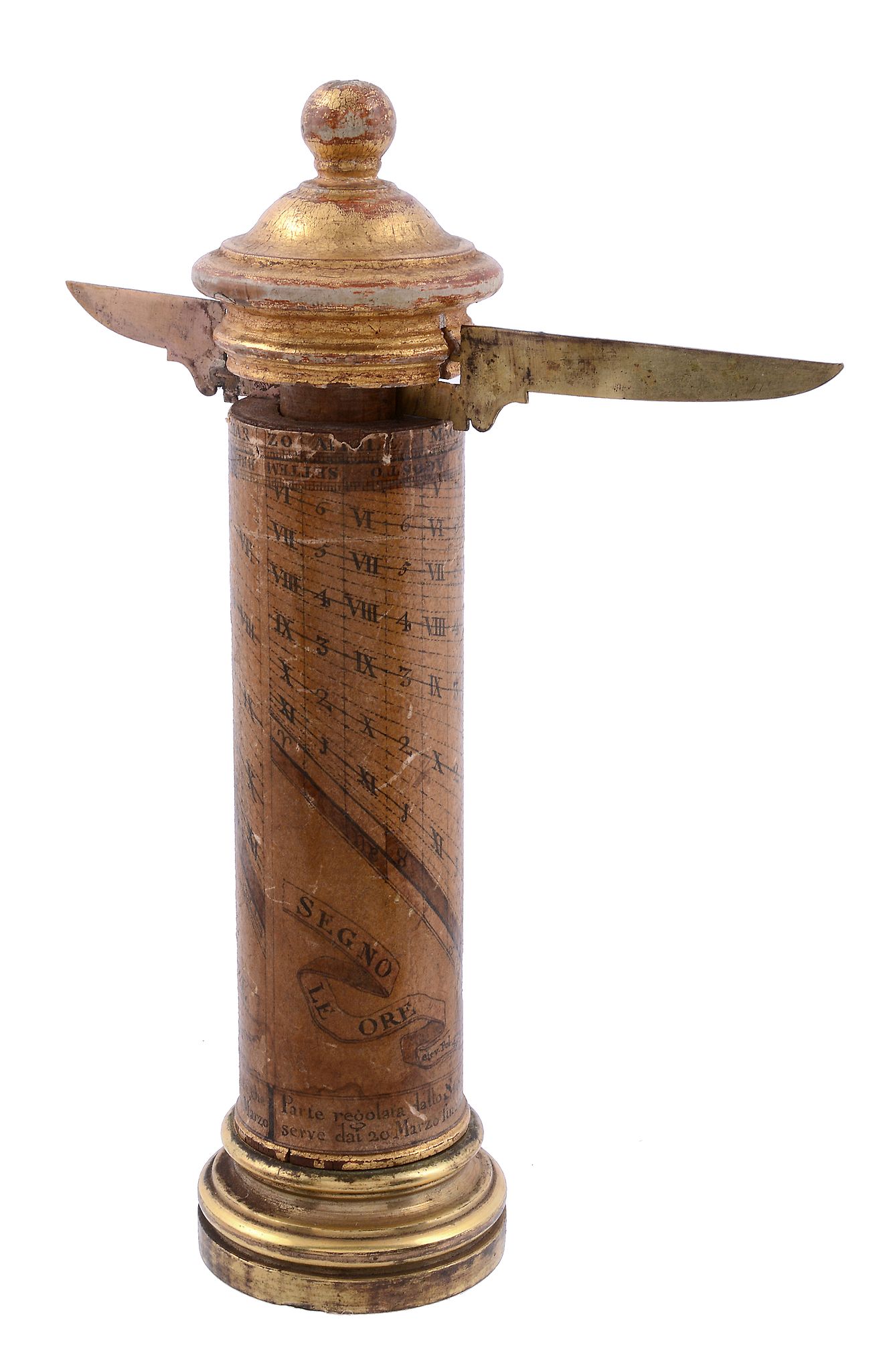 A rare Italian portable pillar sundial Initialled with maker's monogram I. A. G   A rare Italian