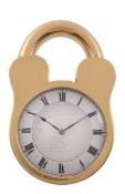 A Swiss gilt brass novelty travelling timepiece in the form of a padlock...   A Swiss gilt brass