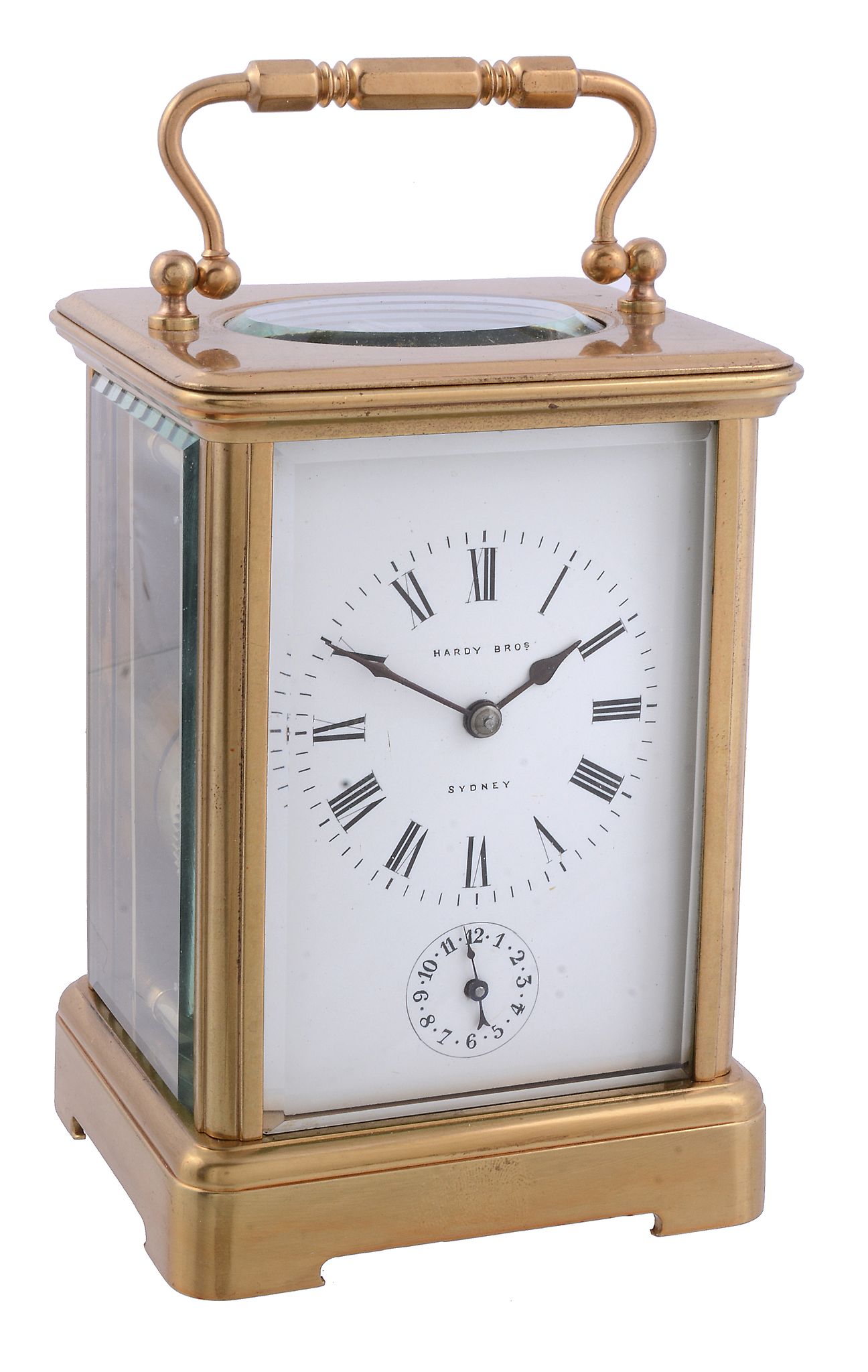 A French lacquered brass carriage timepiece with alarm Retailed by Hardy...   A French lacquered