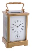 A French lacquered brass carriage timepiece with alarm Retailed by Hardy...   A French lacquered