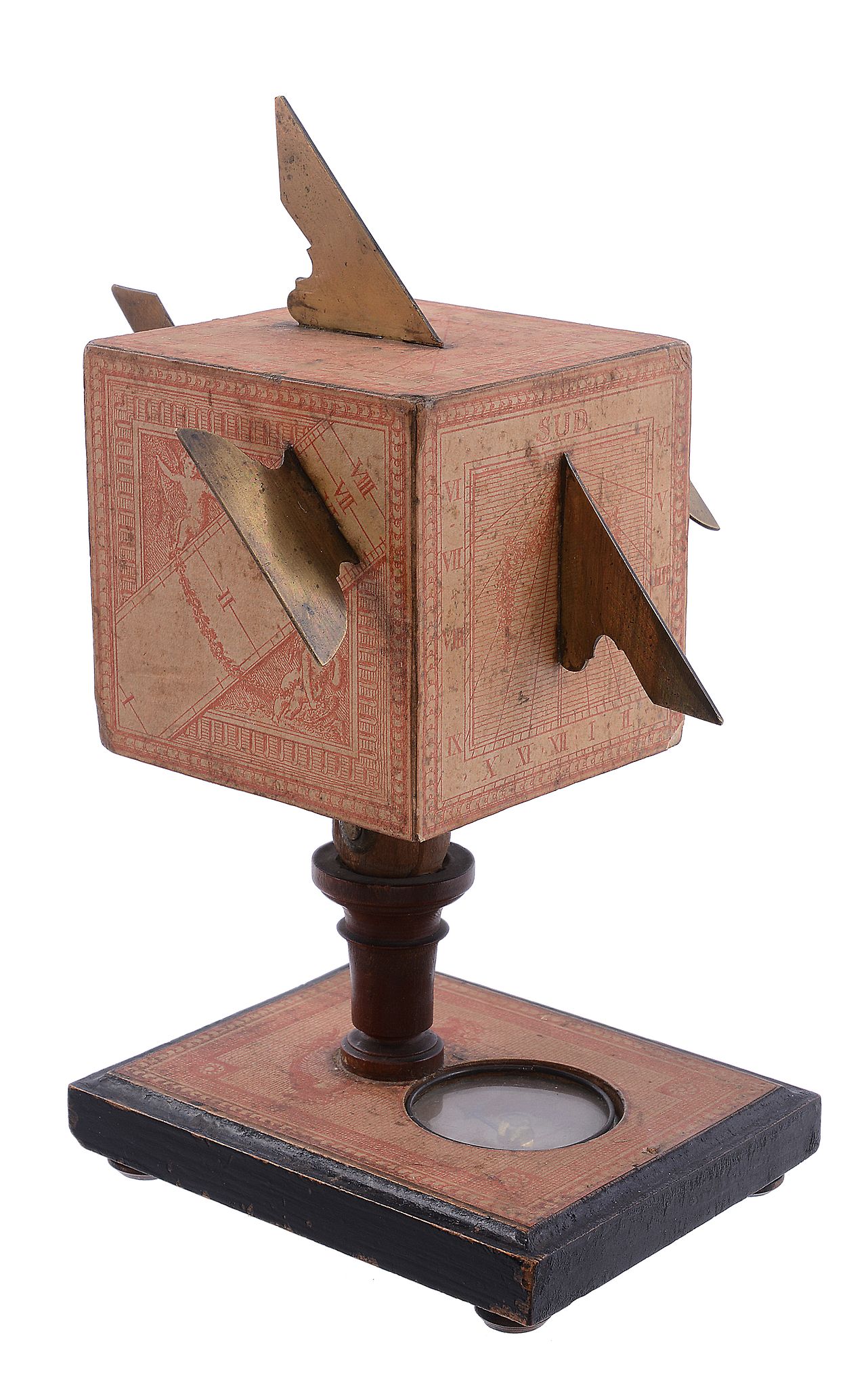 A German wooden portable cube sundial David Beringer, Nuremburg   A German wooden portable cube