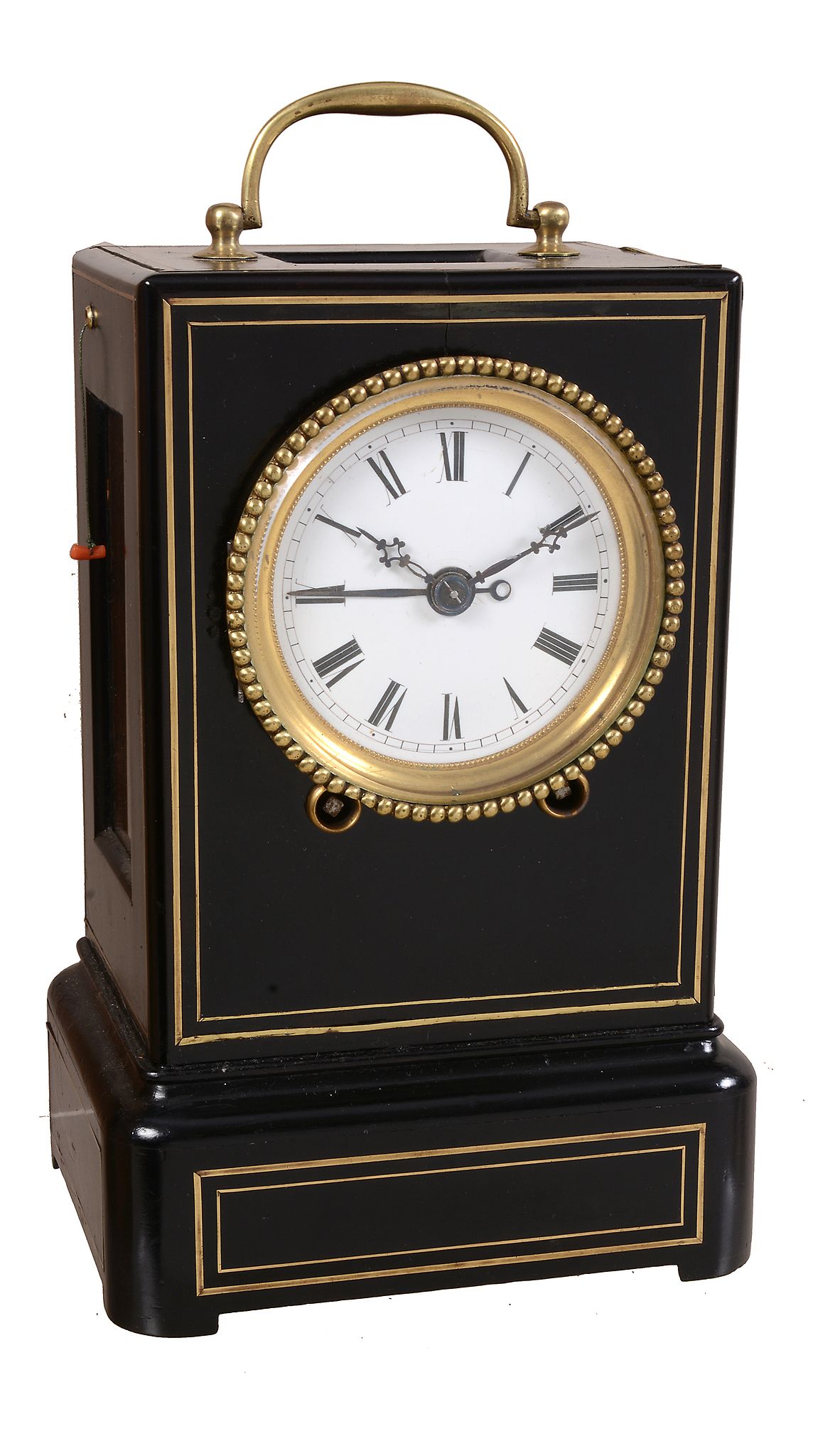 An unusual Swiss brass inlaid ebonised mantel clock with alarm Unsigned   An unusual Swiss brass